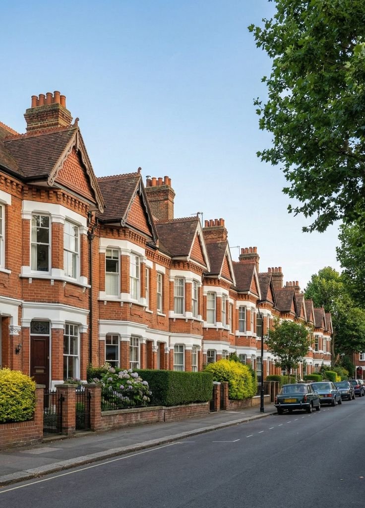 A row of classic English red-brick Victorian townhouses